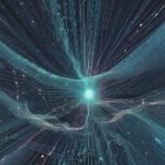 Et lysende centrum udsender udstrålende blå og turkisfarvede linjer, der minder om et neuralt netværk eller en energibølge på en mørk baggrund, omgivet af indviklede digitale mønstre. - Kunstig intelligens AI