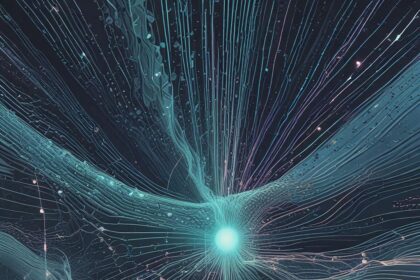 Et lysende centrum udsender udstrålende blå og turkisfarvede linjer, der minder om et neuralt netværk eller en energibølge på en mørk baggrund, omgivet af indviklede digitale mønstre. - Kunstig intelligens AI