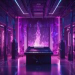 Et futuristisk musikstudie med neonlilla og -blå belysning, synthesizer, højttalere og et stort digitalt display, der viser abstrakte lyseffekter i baggrunden. - Kunstig intelligens AI