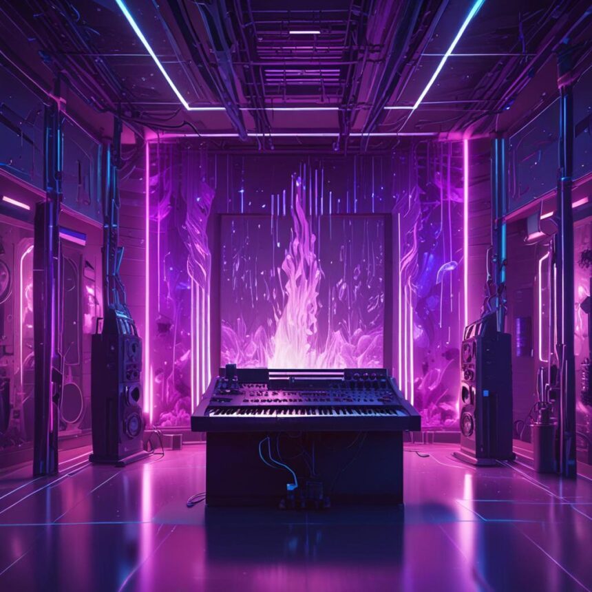 Et futuristisk musikstudie med neonlilla og -blå belysning, synthesizer, højttalere og et stort digitalt display, der viser abstrakte lyseffekter i baggrunden. - Kunstig intelligens AI