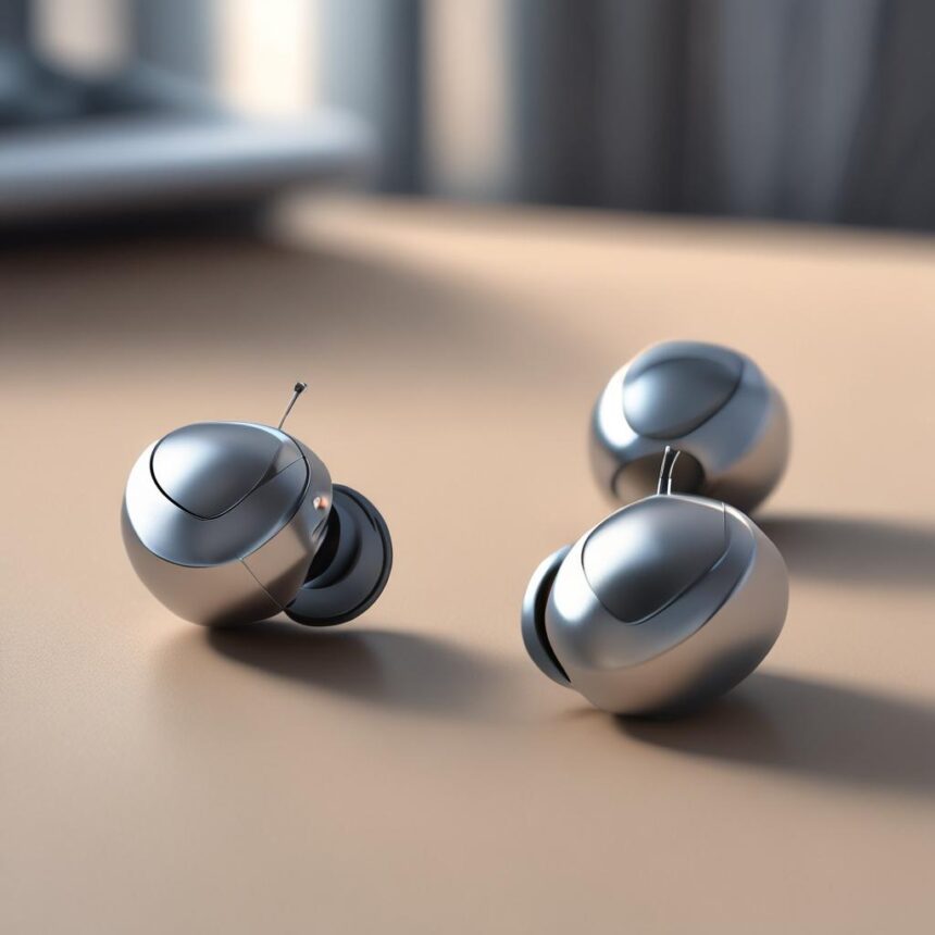 Tre små, metalliske, kugleformede trådløse øretelefoner med antenner ligger på en glat, beige overflade, mens den slørede baggrund antyder, at billedet er taget indendørs. - Kunstig intelligens AI