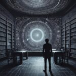 En person står i et bibliotek og kigger på et stort, lysende, cirkulært motiv med indviklede mønstre på væggen, hvilket skaber en futuristisk og mystisk stemning. - Kunstig intelligens AI