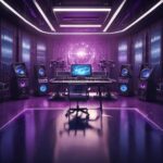 Et futuristisk musikstudie med lilla belysning, et keyboard, en computerskærm, store højttalere og akustiske paneler på væggene, der skaber en højteknologisk og kreativ atmosfære. - Kunstig intelligens AI