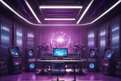 Et futuristisk musikstudie med lilla belysning, et keyboard, en computerskærm, store højttalere og akustiske paneler på væggene, der skaber en højteknologisk og kreativ atmosfære. - Kunstig intelligens AI