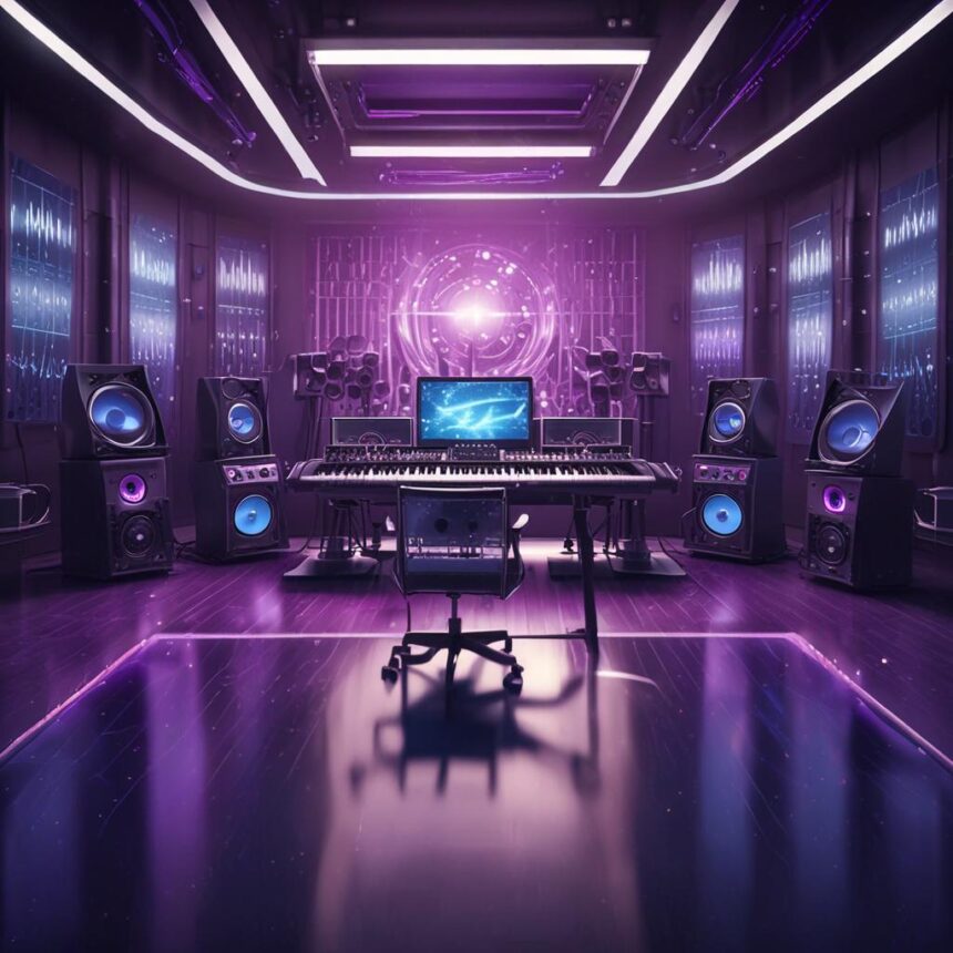 Et futuristisk musikstudie med lilla belysning, et keyboard, en computerskærm, store højttalere og akustiske paneler på væggene, der skaber en højteknologisk og kreativ atmosfære. - Kunstig intelligens AI