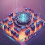 En futuristisk by er anlagt i en firkant omkring en lysende, højteknologisk centralkonstruktion, hvor neonlys og digitale linjer forbinder bygningerne. - Kunstig intelligens AI