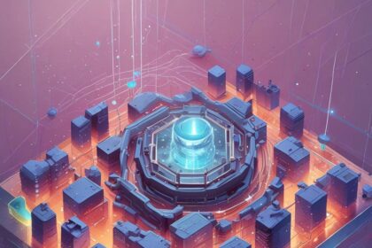 En futuristisk by er anlagt i en firkant omkring en lysende, højteknologisk centralkonstruktion, hvor neonlys og digitale linjer forbinder bygningerne. - Kunstig intelligens AI