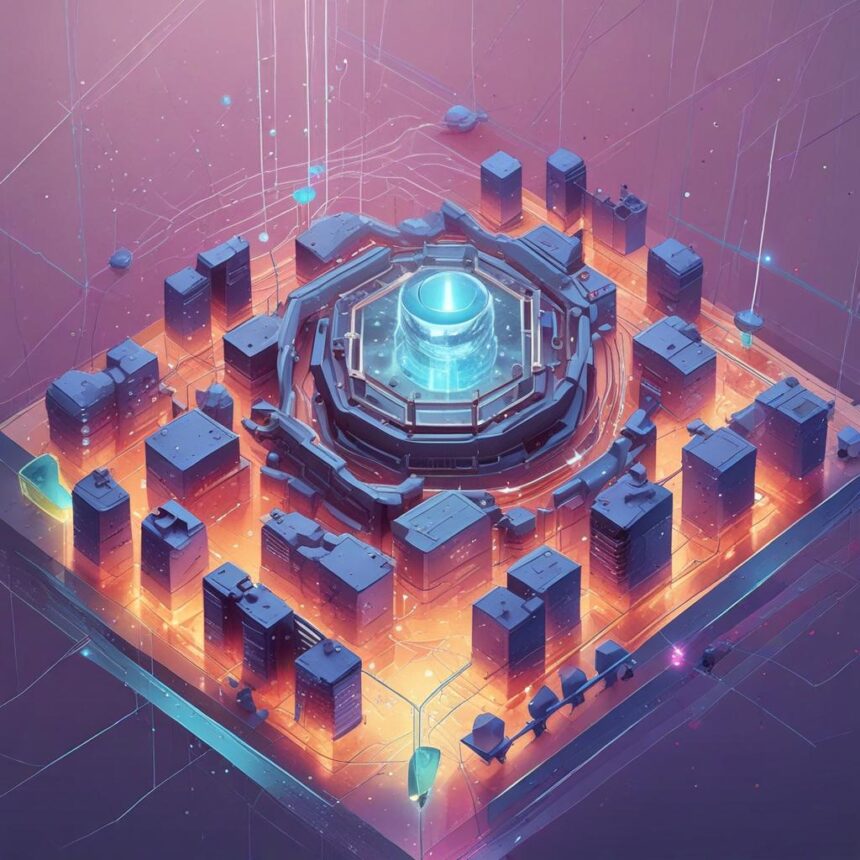 En futuristisk by er anlagt i en firkant omkring en lysende, højteknologisk centralkonstruktion, hvor neonlys og digitale linjer forbinder bygningerne. - Kunstig intelligens AI