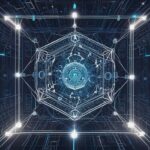 En futuristisk digital sekskantet struktur med lysende hvide linjer og blå lys, der danner et symmetrisk, indviklet geometrisk mønster på en mørk baggrund, der minder om en højteknologisk brugergrænseflade eller en sci-fi-portal. - Kunstig intelligens AI