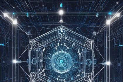 En futuristisk digital sekskantet struktur med lysende hvide linjer og blå lys, der danner et symmetrisk, indviklet geometrisk mønster på en mørk baggrund, der minder om en højteknologisk brugergrænseflade eller en sci-fi-portal. - Kunstig intelligens AI
