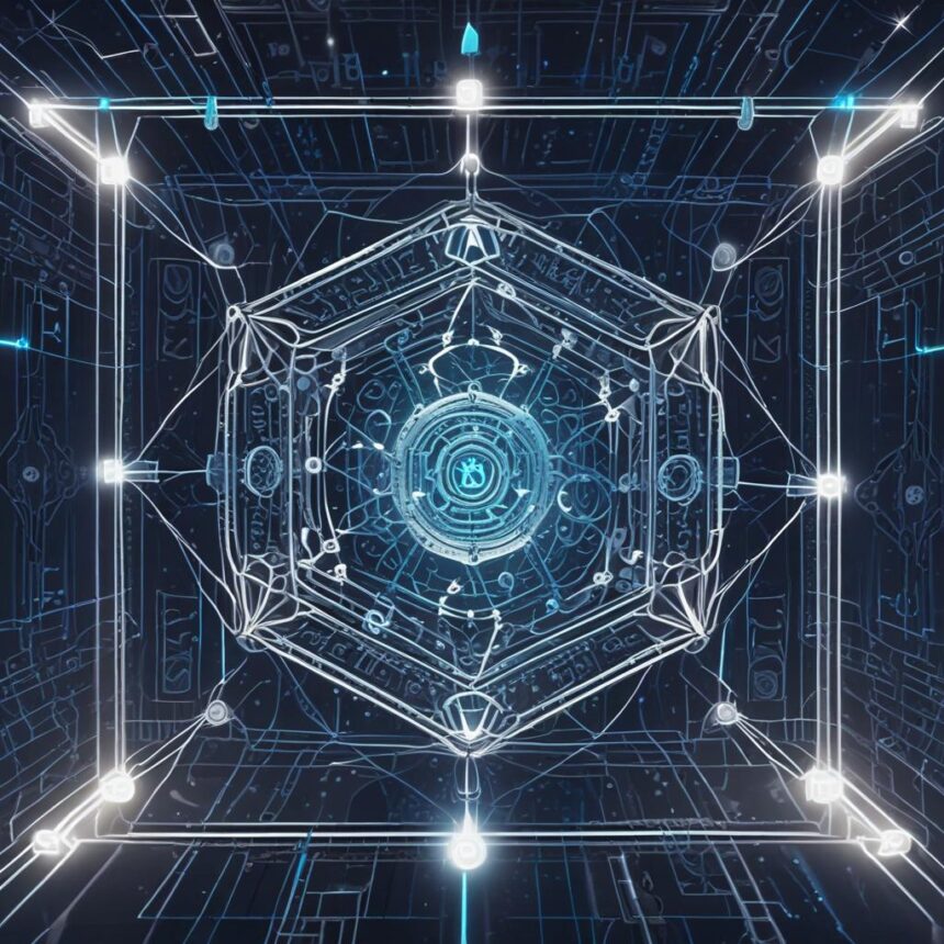 En futuristisk digital sekskantet struktur med lysende hvide linjer og blå lys, der danner et symmetrisk, indviklet geometrisk mønster på en mørk baggrund, der minder om en højteknologisk brugergrænseflade eller en sci-fi-portal. - Kunstig intelligens AI