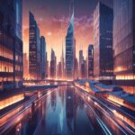 Et futuristisk bybillede ved solnedgang med høje skyskrabere, lysende lamper og en spejlblank kanal, der løber mellem bygningerne. Digitale linjer og partikler fylder himlen og skaber en højteknologisk sci-fi-stemning. - Kunstig intelligens AI