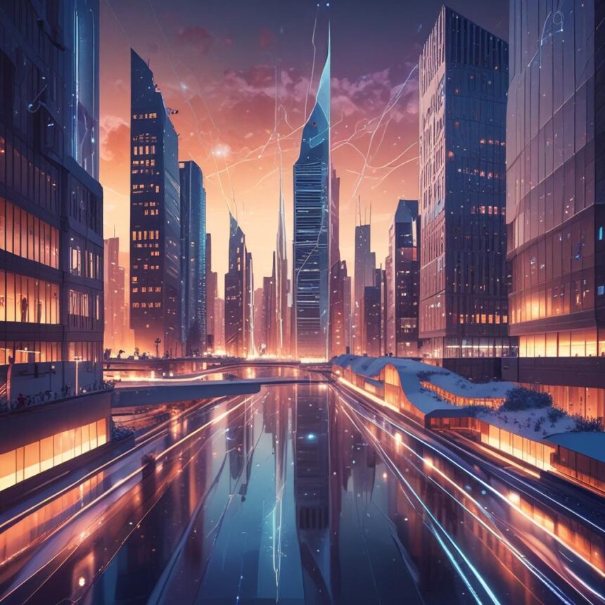 Et futuristisk bybillede ved solnedgang med høje skyskrabere, lysende lamper og en spejlblank kanal, der løber mellem bygningerne. Digitale linjer og partikler fylder himlen og skaber en højteknologisk sci-fi-stemning. - Kunstig intelligens AI