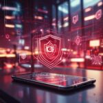 En smartphone på et bord med lysende digitale sikkerhedsikoner og et skjold-hologram over den, der symboliserer cybersikkerhed og databeskyttelse i et højteknologisk miljø. - Kunstig intelligens AI