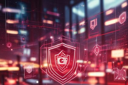 En smartphone på et bord med lysende digitale sikkerhedsikoner og et skjold-hologram over den, der symboliserer cybersikkerhed og databeskyttelse i et højteknologisk miljø. - Kunstig intelligens AI