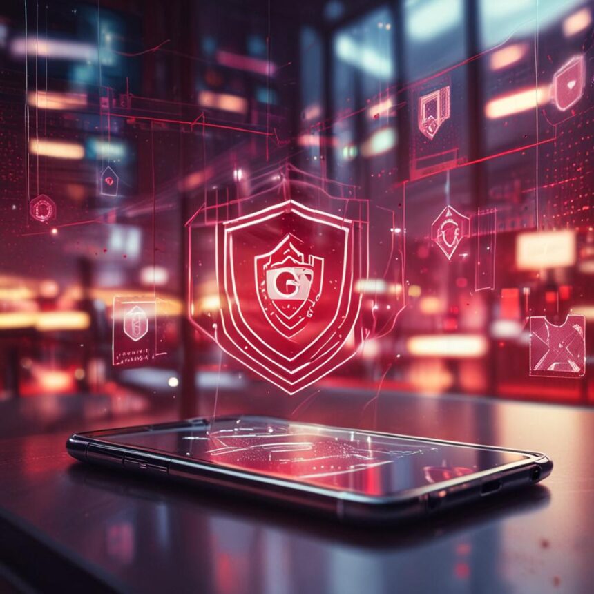 En smartphone på et bord med lysende digitale sikkerhedsikoner og et skjold-hologram over den, der symboliserer cybersikkerhed og databeskyttelse i et højteknologisk miljø. - Kunstig intelligens AI
