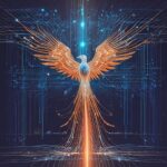 En digital illustration af en føniks med lysende orange vinger og hale, omgivet af blå, kredsløbslignende linjer, der symboliserer teknologi og genfødsel på en mørk baggrund. - Kunstig intelligens AI