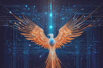 En digital illustration af en føniks med lysende orange vinger og hale, omgivet af blå, kredsløbslignende linjer, der symboliserer teknologi og genfødsel på en mørk baggrund. - Kunstig intelligens AI