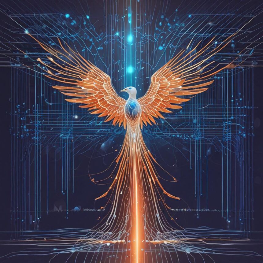 En digital illustration af en føniks med lysende orange vinger og hale, omgivet af blå, kredsløbslignende linjer, der symboliserer teknologi og genfødsel på en mørk baggrund. - Kunstig intelligens AI