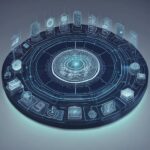 En futuristisk, cirkulær digital brugergrænseflade viser holografiske ikoner og datapaneler, der lyser med blåt lys, hvilket symboliserer avanceret teknologi og virtuel informationsbehandling. - Kunstig intelligens AI