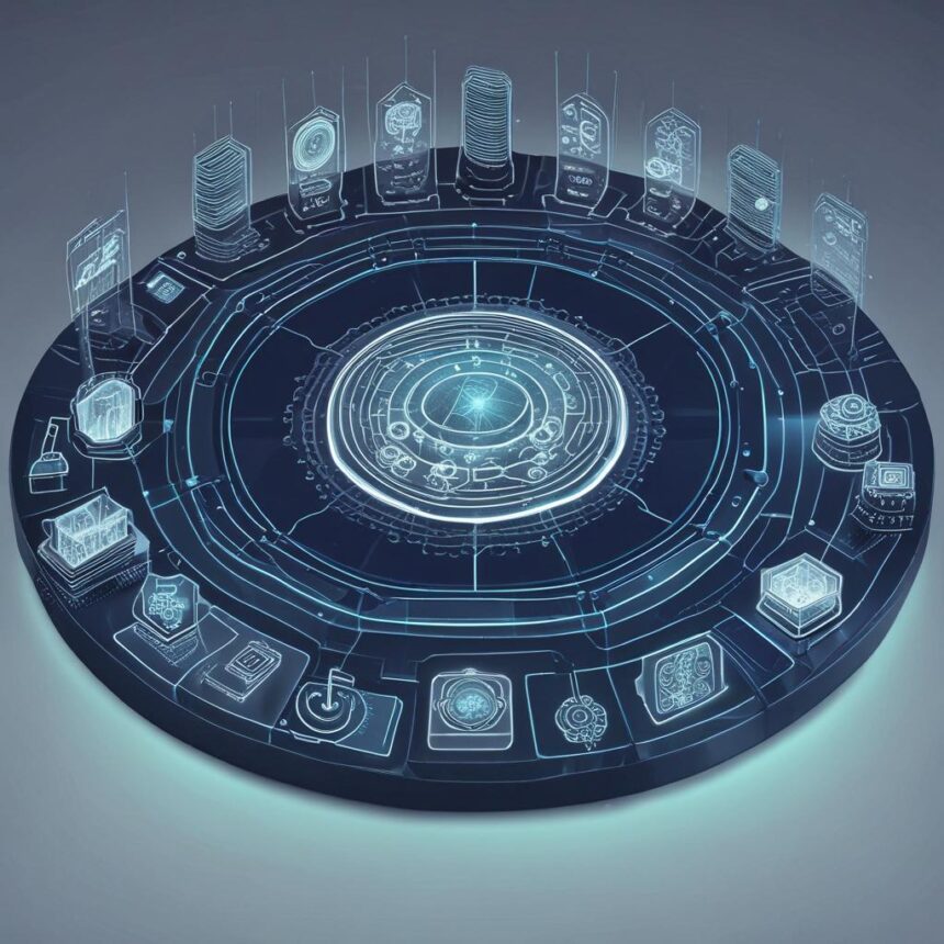 En futuristisk, cirkulær digital brugergrænseflade viser holografiske ikoner og datapaneler, der lyser med blåt lys, hvilket symboliserer avanceret teknologi og virtuel informationsbehandling. - Kunstig intelligens AI