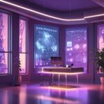 Et moderne kontor med lilla belysning, store futuristiske digitale skærme, der viser data, et elegant skrivebord med en computer og potteplanter ved de høje vinduer. - Kunstig intelligens AI
