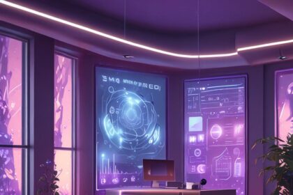 Et moderne kontor med lilla belysning, store futuristiske digitale skærme, der viser data, et elegant skrivebord med en computer og potteplanter ved de høje vinduer. - Kunstig intelligens AI