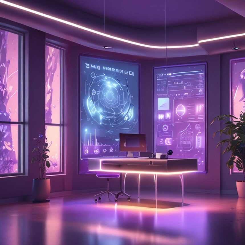 Et moderne kontor med lilla belysning, store futuristiske digitale skærme, der viser data, et elegant skrivebord med en computer og potteplanter ved de høje vinduer. - Kunstig intelligens AI