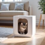 En grå tabbykat sidder i en moderne hvid kattebakke i en lys stue med en sofa, et tæppe og en potteplante i baggrunden. - Kunstig intelligens AI