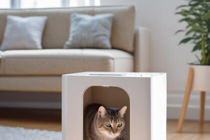 En grå tabbykat sidder i en moderne hvid kattebakke i en lys stue med en sofa, et tæppe og en potteplante i baggrunden. - Kunstig intelligens AI