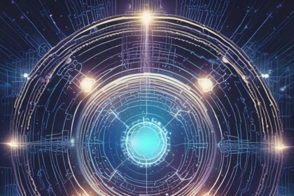 Lysende koncentriske cirkler med skarpe lys og kredsløbslignende mønstre danner et futuristisk, digitalt design på en mørkeblå baggrund, der minder om avanceret teknologi eller en sci-fi-brugergrænseflade. - Kunstig intelligens AI