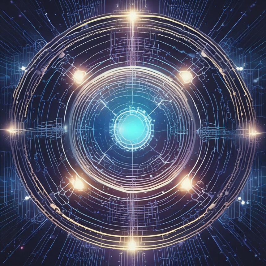 Lysende koncentriske cirkler med skarpe lys og kredsløbslignende mønstre danner et futuristisk, digitalt design på en mørkeblå baggrund, der minder om avanceret teknologi eller en sci-fi-brugergrænseflade. - Kunstig intelligens AI