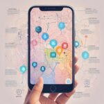 En hånd holder en smartphone, hvor der vises et farverigt topografisk kort med forskellige ikoner for steder og aktiviteter, lagt oven på et sløret, detaljeret baggrundskort med symboler og tekst. - Kunstig intelligens AI