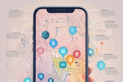 En hånd holder en smartphone, hvor der vises et farverigt topografisk kort med forskellige ikoner for steder og aktiviteter, lagt oven på et sløret, detaljeret baggrundskort med symboler og tekst. - Kunstig intelligens AI