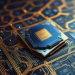 Et nærbillede af en computerprocessor på et kredsløbskort med indviklede guldbaner og elektroniske komponenter, der fremhæver avanceret teknologi og hardwaredesign. - Kunstig intelligens AI