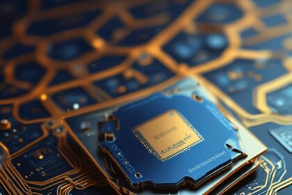 Et nærbillede af en computerprocessor på et kredsløbskort med indviklede guldbaner og elektroniske komponenter, der fremhæver avanceret teknologi og hardwaredesign. - Kunstig intelligens AI