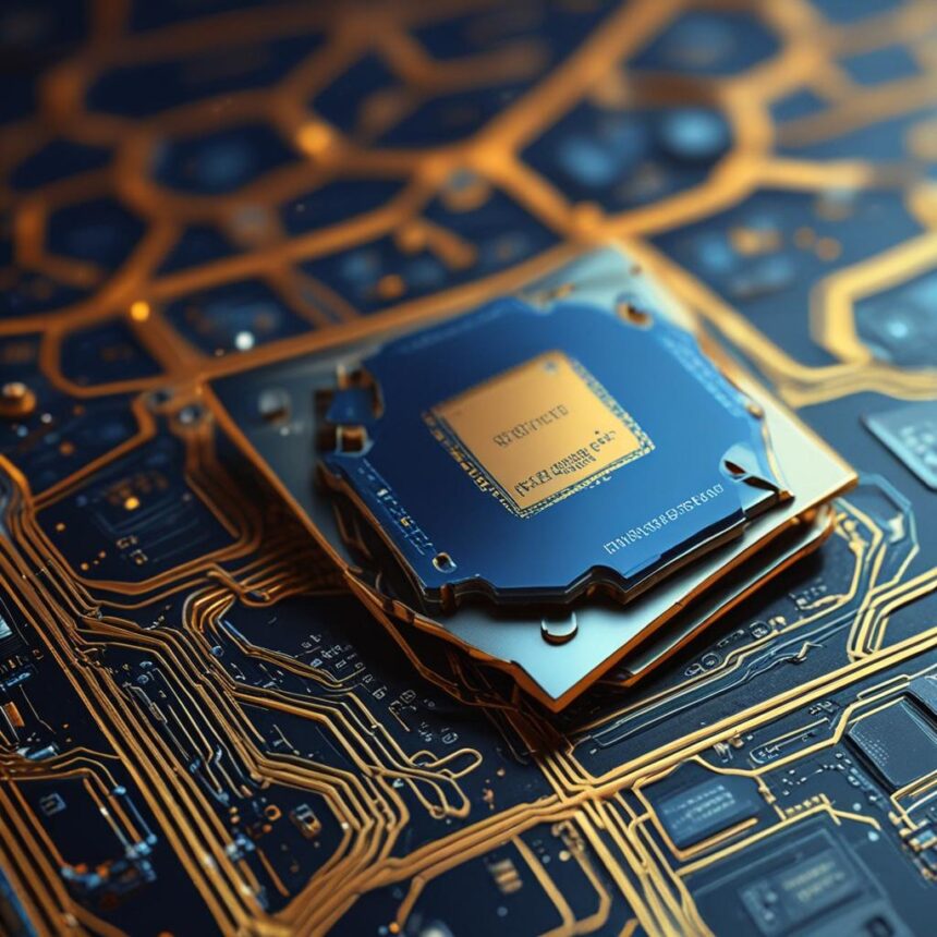 Et nærbillede af en computerprocessor på et kredsløbskort med indviklede guldbaner og elektroniske komponenter, der fremhæver avanceret teknologi og hardwaredesign. - Kunstig intelligens AI
