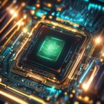 Et nærbillede af en lysende mikrochip på et kredsløbskort med oplyste grønne og gyldne linjer og komponenter, der symboliserer avanceret teknologi og regnekraft. - Kunstig intelligens AI