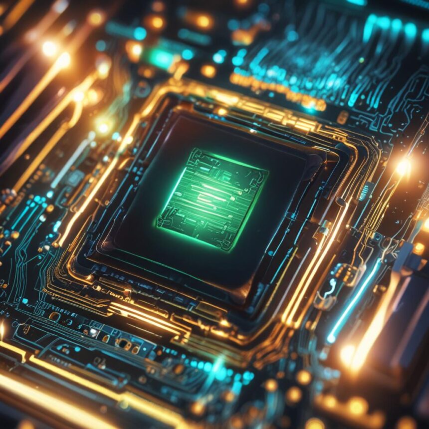 Et nærbillede af en lysende mikrochip på et kredsløbskort med oplyste grønne og gyldne linjer og komponenter, der symboliserer avanceret teknologi og regnekraft. - Kunstig intelligens AI