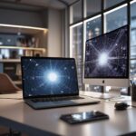 Et moderne skrivebord med en bærbar computer, en skærm, en tablet og en mus. Begge skærme viser en digital, cirkulær netværksgrafik. Gennem de store vinduer ses byens lys i baggrunden. - Kunstig intelligens AI