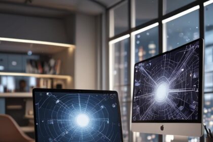 Et moderne skrivebord med en bærbar computer, en skærm, en tablet og en mus. Begge skærme viser en digital, cirkulær netværksgrafik. Gennem de store vinduer ses byens lys i baggrunden. - Kunstig intelligens AI