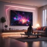 En person sidder på gulvet i stuen og ser en stor, livlig sci-fi-scene på et vægmonteret tv. Neonlysrammer omkranser tv’et og skaber en futuristisk stemning i det moderne, blødt oplyste rum. - Kunstig intelligens AI