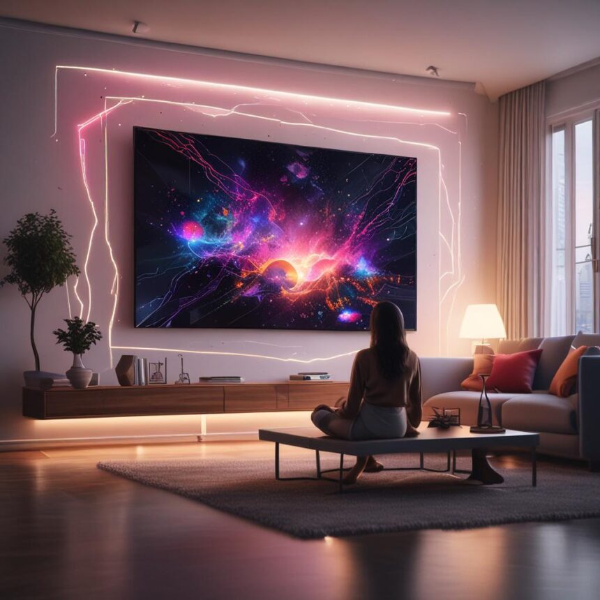 En person sidder på gulvet i stuen og ser en stor, livlig sci-fi-scene på et vægmonteret tv. Neonlysrammer omkranser tv’et og skaber en futuristisk stemning i det moderne, blødt oplyste rum. - Kunstig intelligens AI