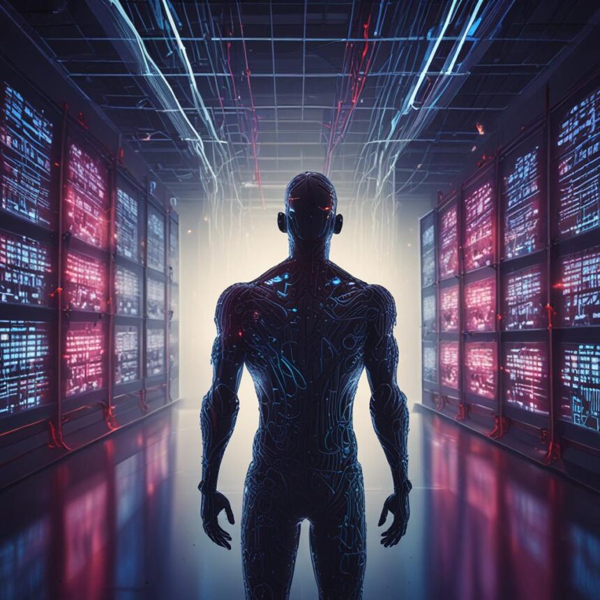 En menneskelignende skikkelse med kredsløbslignende mønstre står i et futuristisk serverrum, omgivet af lysende datapaneler og kabler, med blikket rettet mod et skarpt lys foran sig. - Kunstig intelligens AI