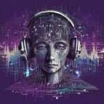 Et digitalt kunstværk af et menneskelignende ansigt med kredsløbsmønstre, der bærer store hovedtelefoner, på en lilla baggrund med abstrakte lydbølger og elektroniske elementer. - Kunstig intelligens AI