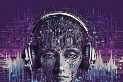 Et digitalt kunstværk af et menneskelignende ansigt med kredsløbsmønstre, der bærer store hovedtelefoner, på en lilla baggrund med abstrakte lydbølger og elektroniske elementer. - Kunstig intelligens AI