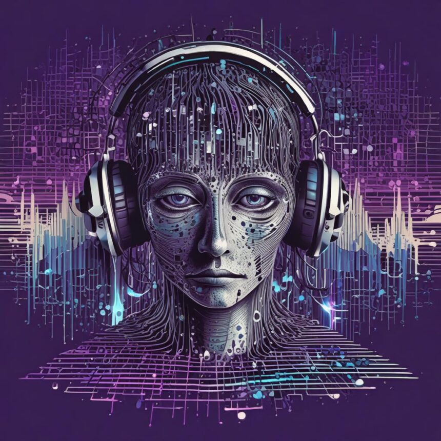 Et digitalt kunstværk af et menneskelignende ansigt med kredsløbsmønstre, der bærer store hovedtelefoner, på en lilla baggrund med abstrakte lydbølger og elektroniske elementer. - Kunstig intelligens AI