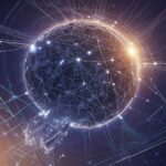 En lysende digital globus med sammenkoblede knudepunkter og linjer, der symboliserer et globalt netværk eller internetforbindelse, på en mørk baggrund med lyse blå og orange accenter. - Kunstig intelligens AI