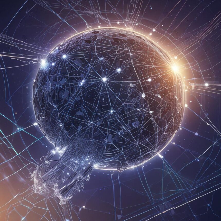 En lysende digital globus med sammenkoblede knudepunkter og linjer, der symboliserer et globalt netværk eller internetforbindelse, på en mørk baggrund med lyse blå og orange accenter. - Kunstig intelligens AI