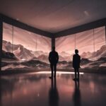 To personer står i et moderne galleri og kigger på store digitale skærme, der viser abstrakte bjerglandskaber i bløde lyserøde og beige nuancer. Deres spejlbilleder kan ses på det polerede gulv. - Kunstig intelligens AI